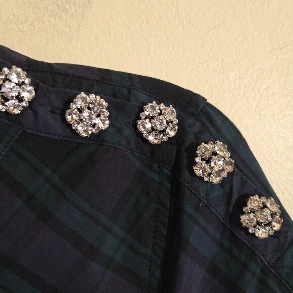 J.Crew Blackwatch Plaid Jewel Embellished Sustainable Cotton Blouse Size 2 - Picture 6 of 10
